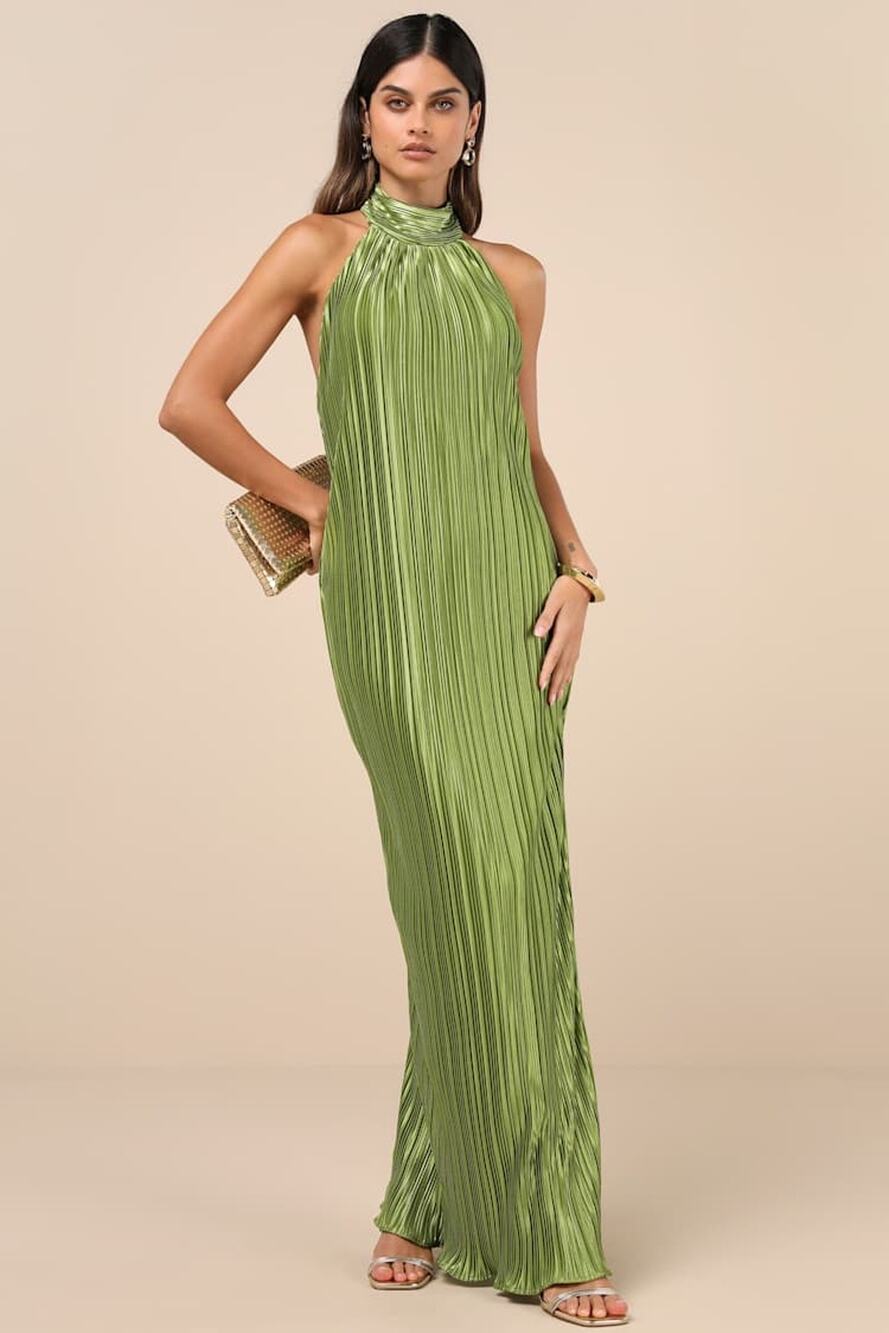 NWT Lulus Gwenny Lime Green Satin Plisse Maxi Dress Backless Party Evening Sz L